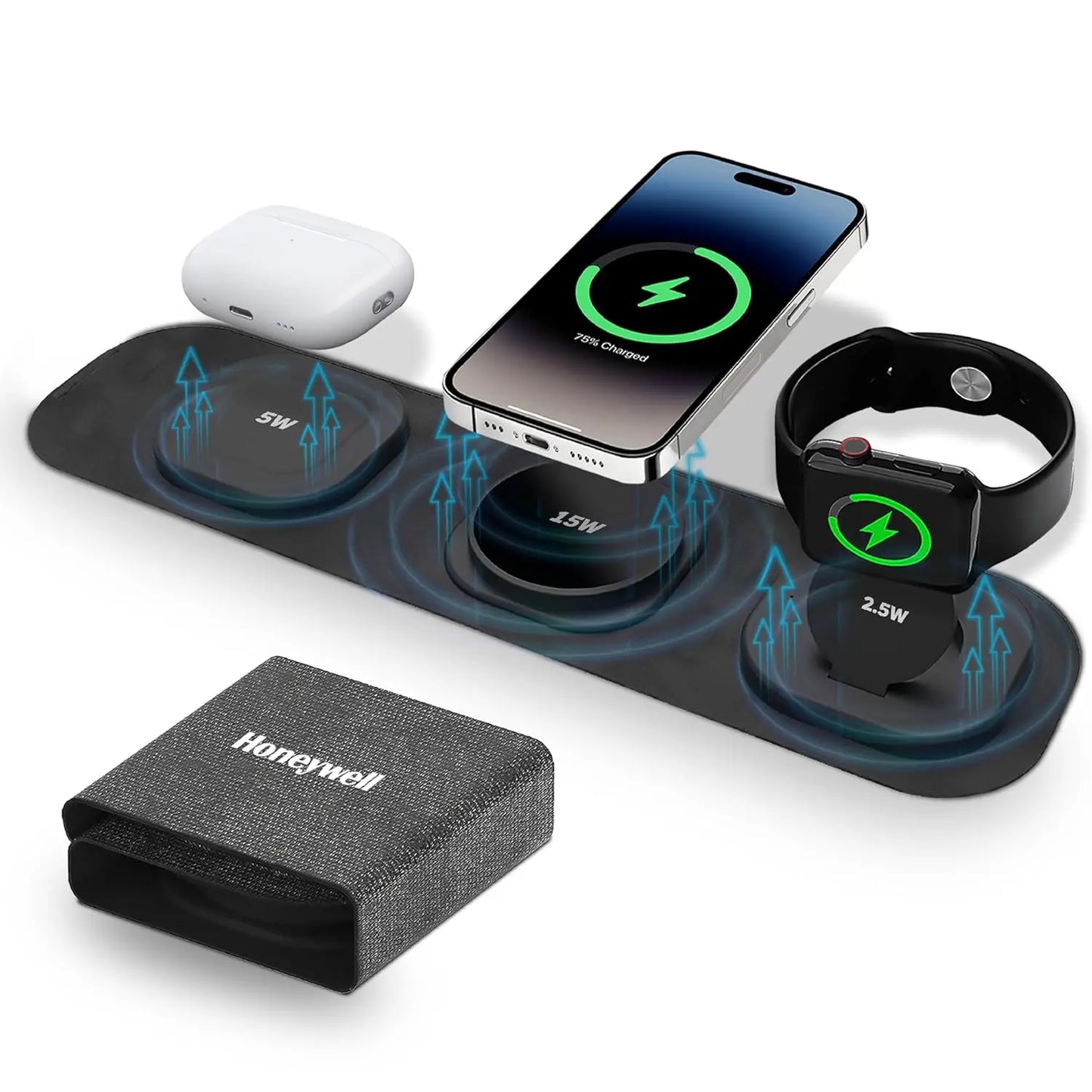 Honeywell Zest Wireless 3-in-1 Magnetic Foldable MagSafe Compatible 23W Wireless Charger for iPhone 12-15, Supports QC 3.0, All Apple Watch Series, Airpods 2,3, pro