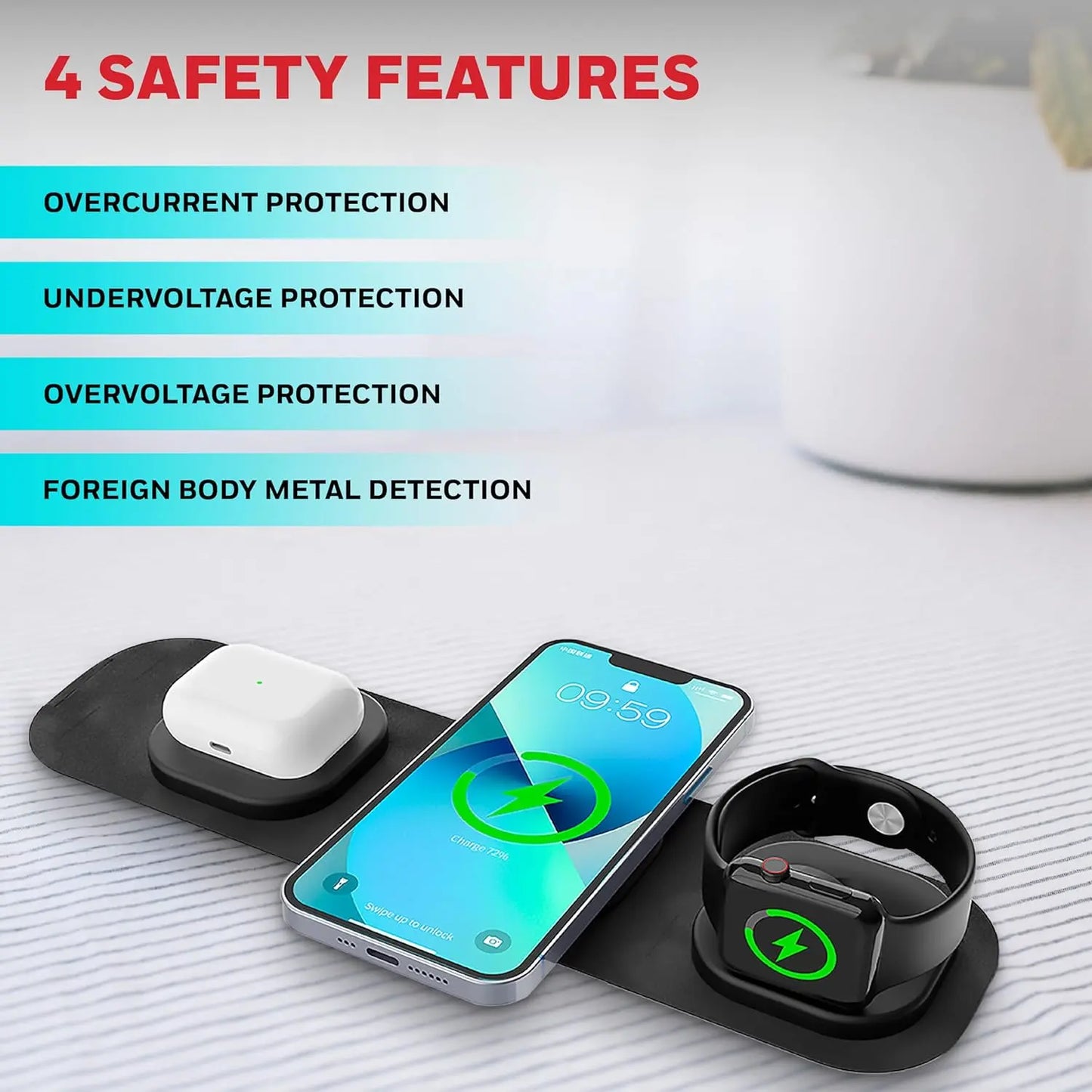 Honeywell Zest Wireless 3-in-1 Magnetic Foldable MagSafe Compatible 23W Wireless Charger for iPhone 12-15, Supports QC 3.0, All Apple Watch Series, Airpods 2,3, pro