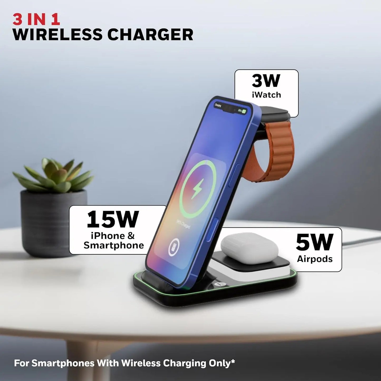 Honeywell Zest Wireless Clamp 3-in-1 23W Wireless Fast Charger with Type-C Input, QC 3.0, Stable Grip, Compatible with iPhone 8 and Above, Apple Watches, AirPods & Qi-Enabled Smartphones