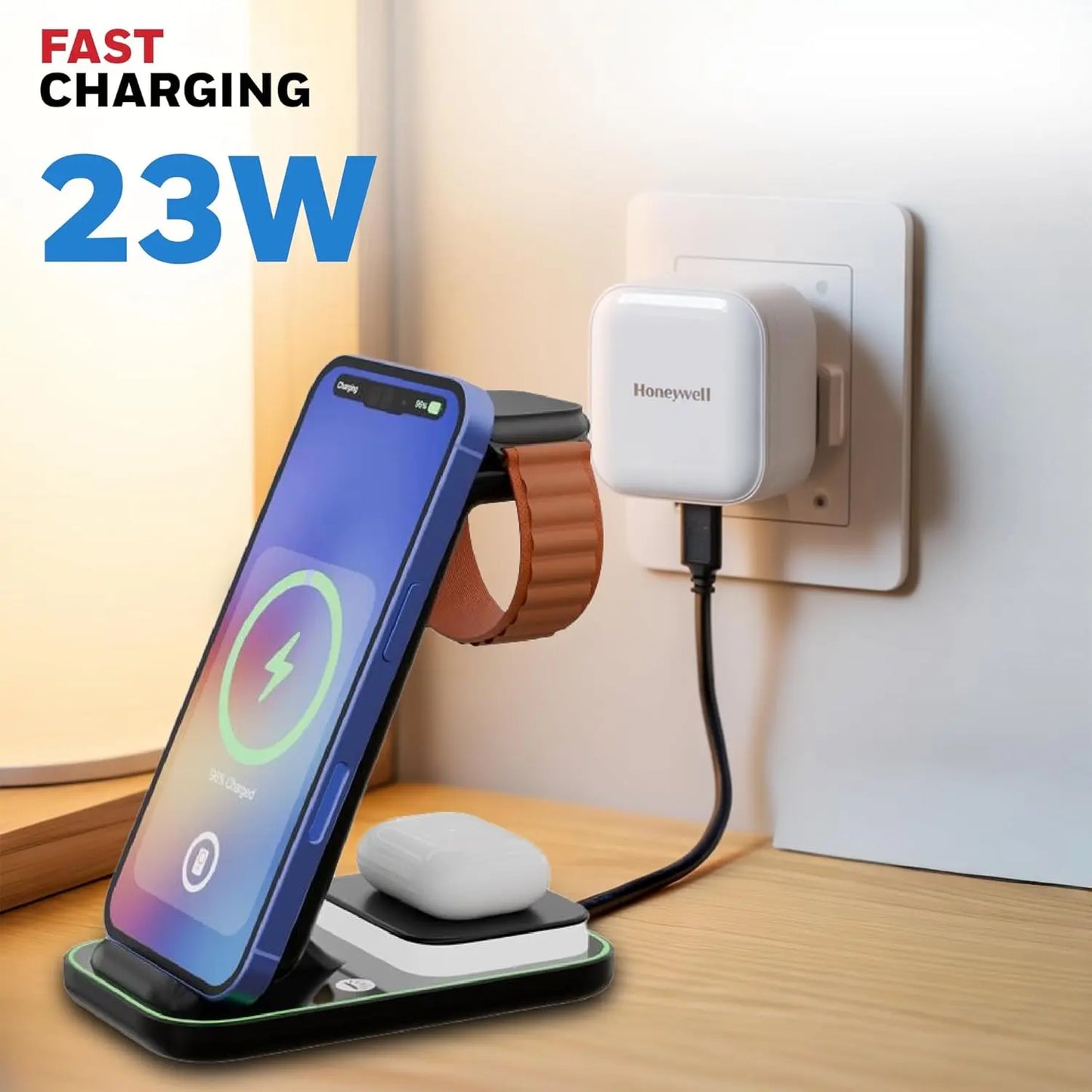 Honeywell Zest Wireless Clamp 3-in-1 23W Wireless Fast Charger with Type-C Input, QC 3.0, Stable Grip, Compatible with iPhone 8 and Above, Apple Watches, AirPods & Qi-Enabled Smartphones