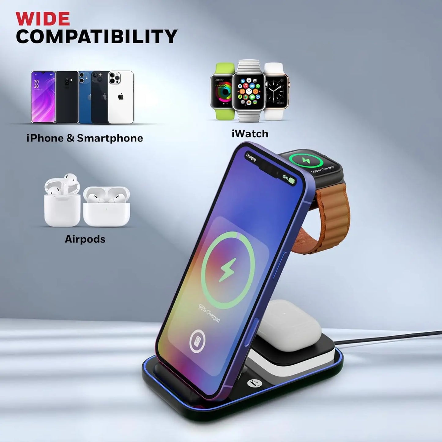 Honeywell Zest Wireless Clamp 3-in-1 23W Wireless Fast Charger with Type-C Input, QC 3.0, Stable Grip, Compatible with iPhone 8 and Above, Apple Watches, AirPods & Qi-Enabled Smartphones