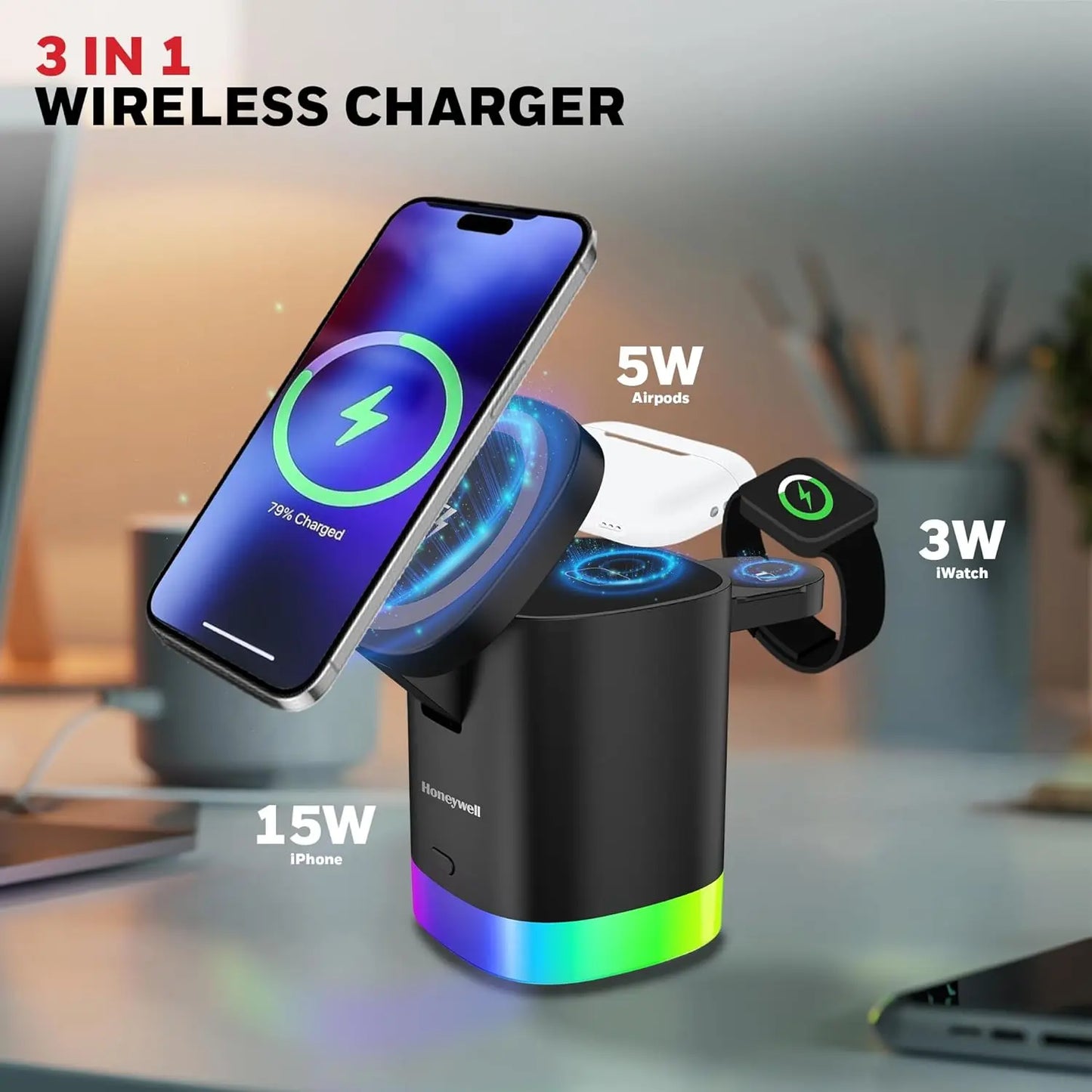 Honeywell Zest Wireless Cube 3-in-1 MagSafe Compatible 23W Magnetic Wireless Fast Charger with Type-C Input, QC 3.0, RGB Lights, Ultra-Fast Charging for iPhone 12 and Above, Apple Watches & AirPods