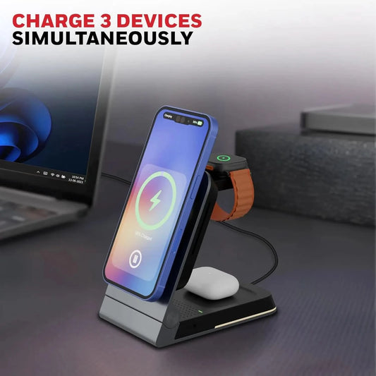 Honeywell Zest Wireless Flex 3-in-1 Platinum Series Foldable 23W Magnetic Wireless Fast Charger with Type-C Input, QC 3.0, Ultra-Fast Charging for iPhone 12 and Above, Apple Watches & AirPods