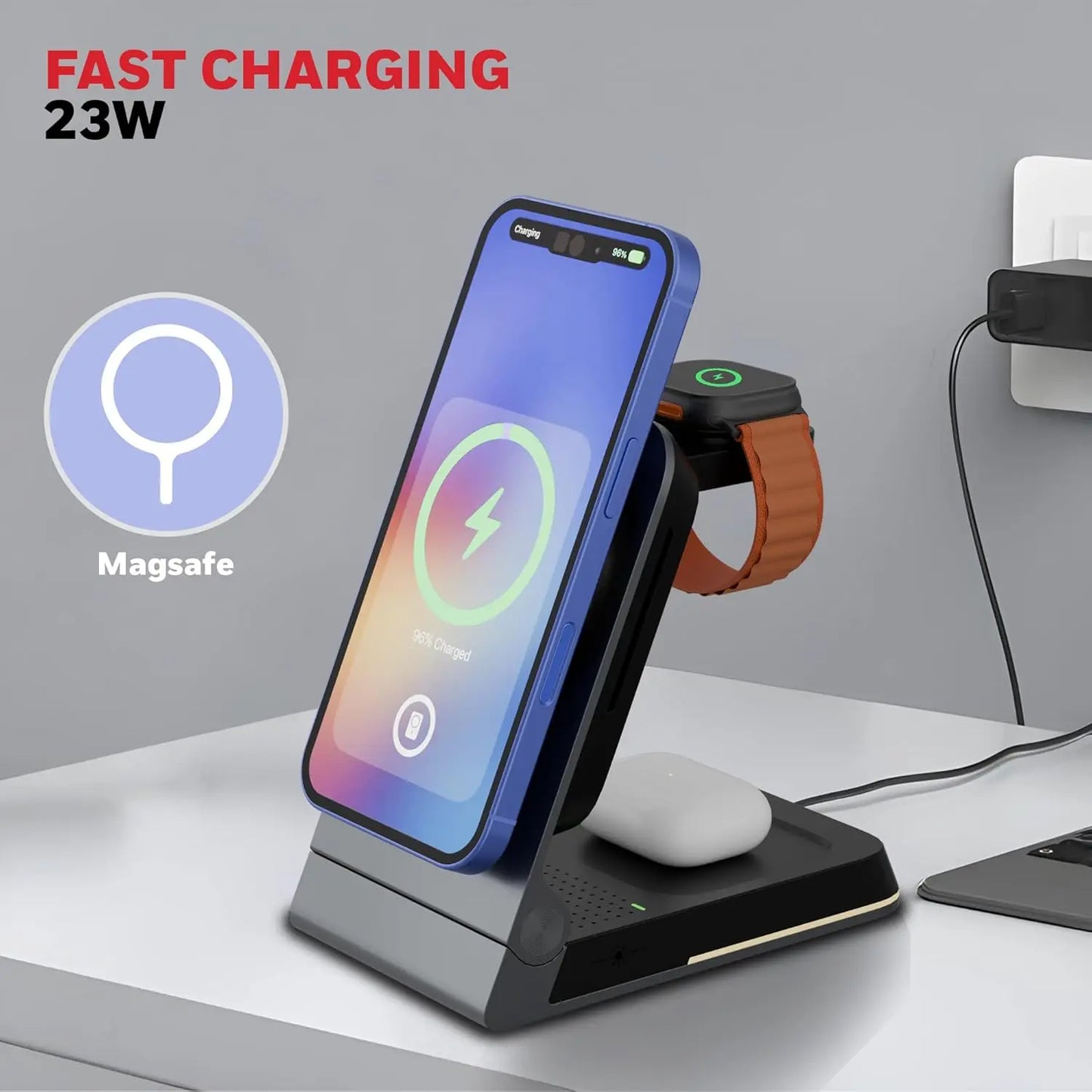 Honeywell Zest Wireless Flex 3-in-1 Platinum Series Foldable 23W Magnetic Wireless Fast Charger with Type-C Input, QC 3.0, Ultra-Fast Charging for iPhone 12 and Above, Apple Watches & AirPods
