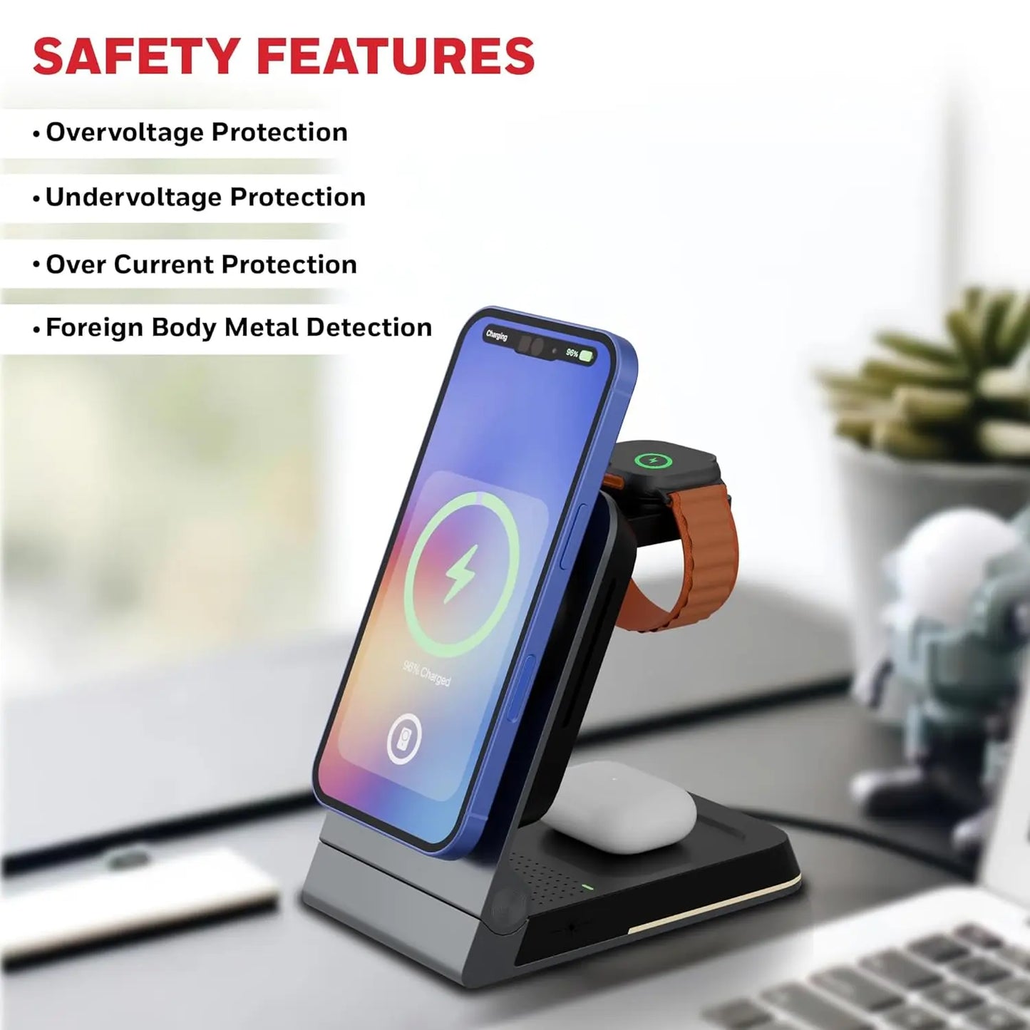 Honeywell Zest Wireless Flex 3-in-1 Platinum Series Foldable 23W Magnetic Wireless Fast Charger with Type-C Input, QC 3.0, Ultra-Fast Charging for iPhone 12 and Above, Apple Watches & AirPods