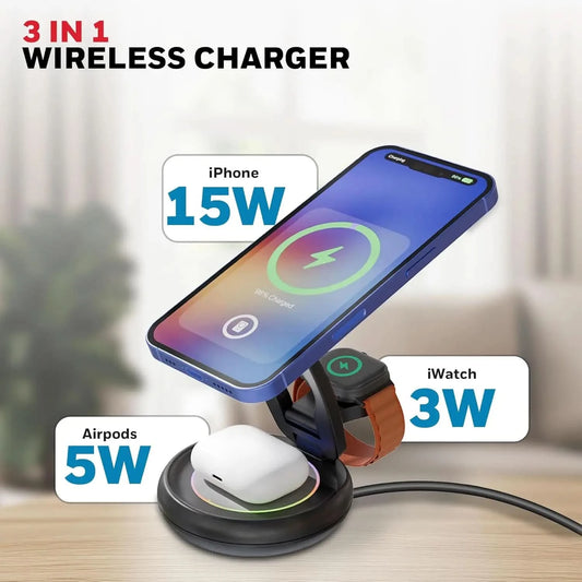 Honeywell Zest Wireless Trio 3-in-1 Platinum Series Foldable 23W Magnetic Wireless Fast Charger with Type-C Input, QC 3.0, Ultra-Fast Charging for iPhone 12 and Above, Apple Watches & AirPods
