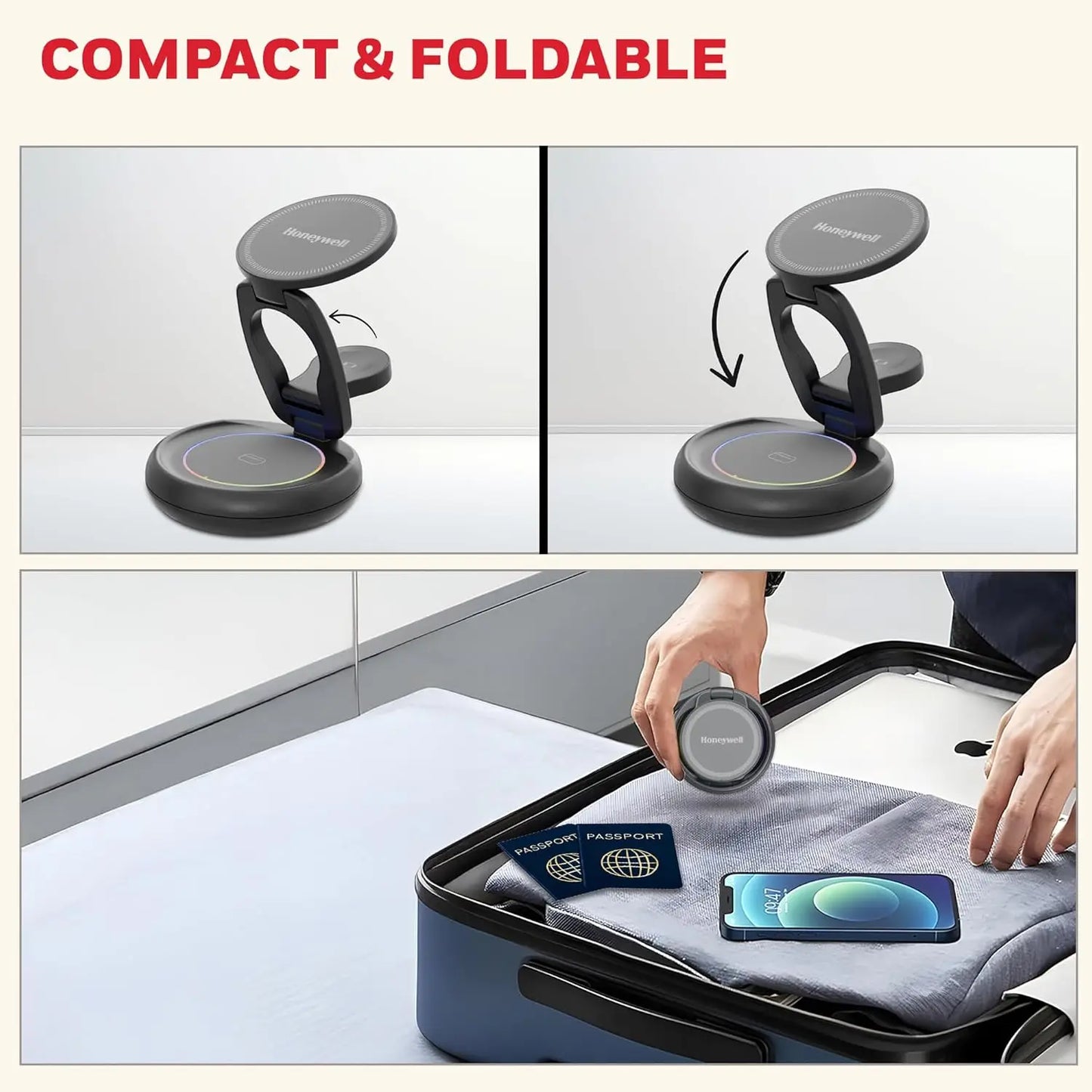 Honeywell Zest Wireless Trio 3-in-1 Platinum Series Foldable 23W Magnetic Wireless Fast Charger with Type-C Input, QC 3.0, Ultra-Fast Charging for iPhone 12 and Above, Apple Watches & AirPods