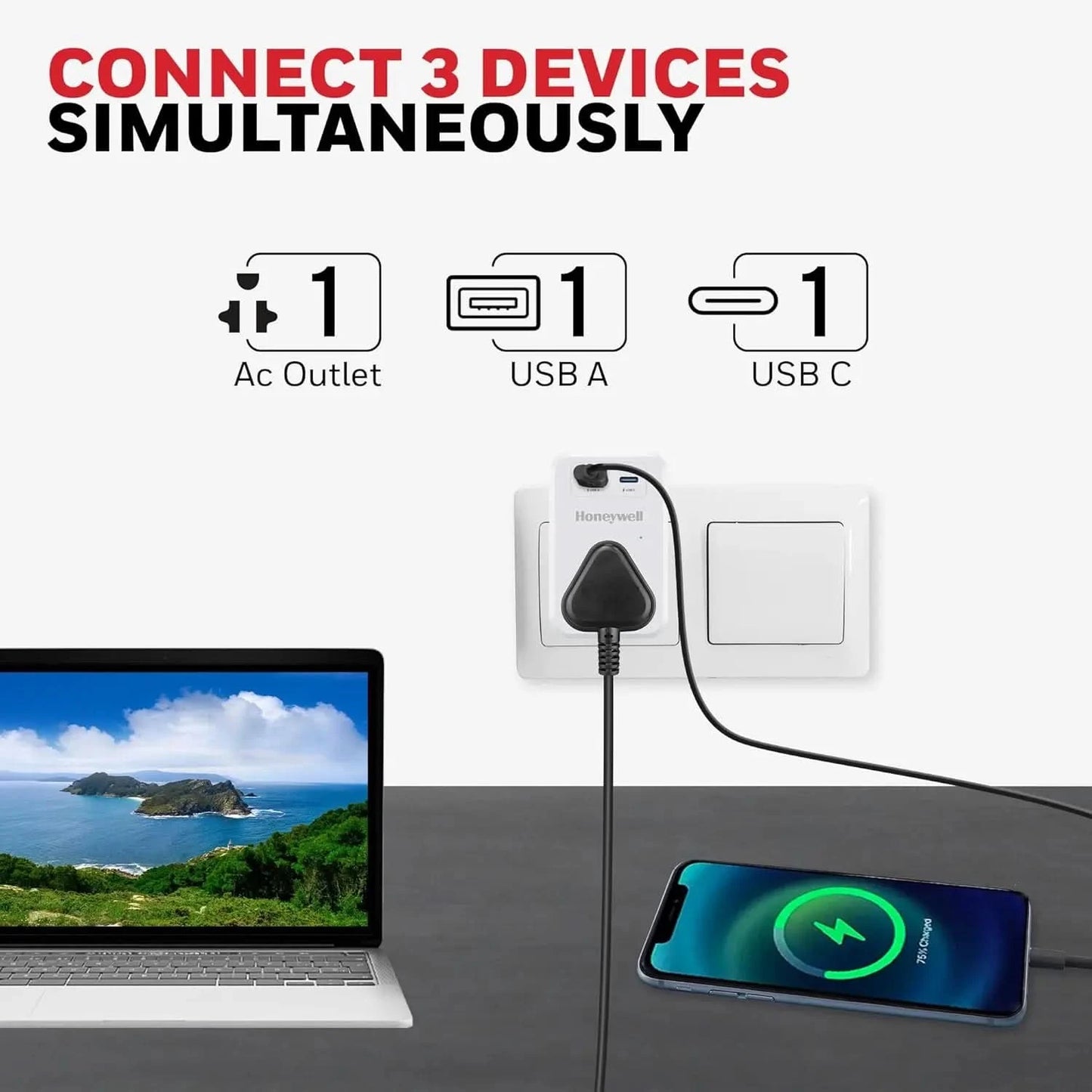 Honeywell 3 Out Surge Cube, Spike Guard, 1 Outlet, PD20W & USB A Port, 7500Amp, Charge On The Go, Device Secure Warranty, Automatic Overload Protection, 3 Years Manufacturer Warranty