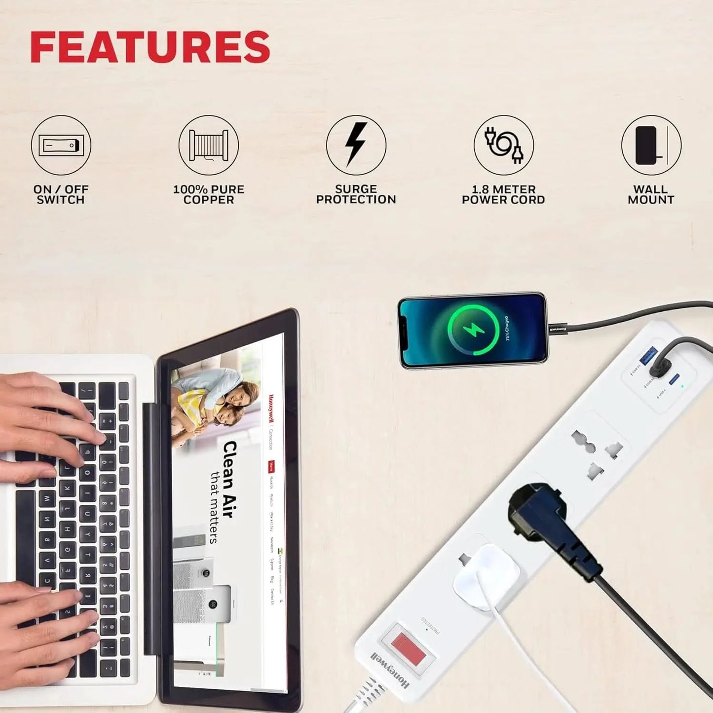 Honeywell 3 Out Surge Protector with Master Switch, Spike Guard/Extension Board, 3 Outlet, PD20W & 2xUSB, 13500Amp, 1.8 Meter Cord, DSW, Automatic Overload Protection, 3 Years Manufacturer Warranty