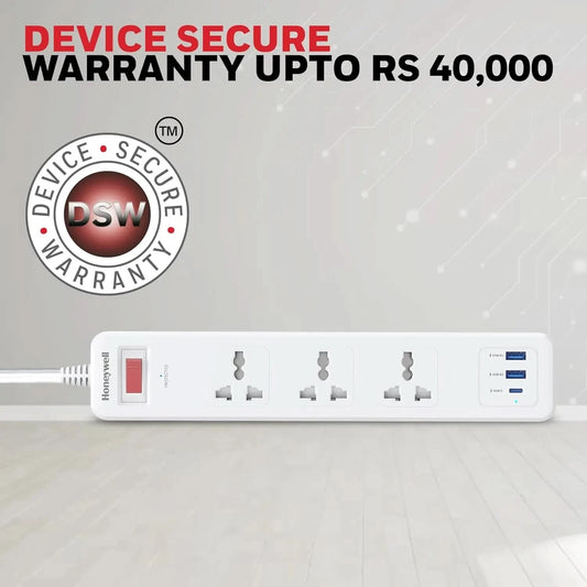 Honeywell 3 Out Surge Protector with Master Switch, Spike Guard/Extension Board, 3 Outlet, PD20W & 2xUSB, 13500Amp, 1.8 Meter Cord, DSW, Automatic Overload Protection, 3 Years Manufacturer Warranty