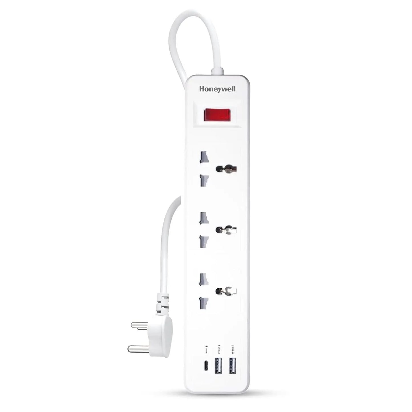 Honeywell 3 Outlet Extension Board with Master Switch, 6 Amps, 250V, 1xType C & 2xUSB, 3 International Sockets, Pure Copper, 6 Advanced Safety Features, 2 Mtr Power Cord, BIS Certified, 1 yr Warranty