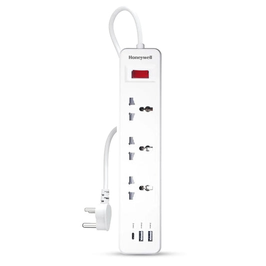Honeywell 3 Outlet Extension Board with Master Switch, 6 Amps, 250V, 1xType C & 2xUSB, 3 International Sockets, Pure Copper, 6 Advanced Safety Features, 2 Mtr Power Cord, BIS Certified, 1 yr Warranty