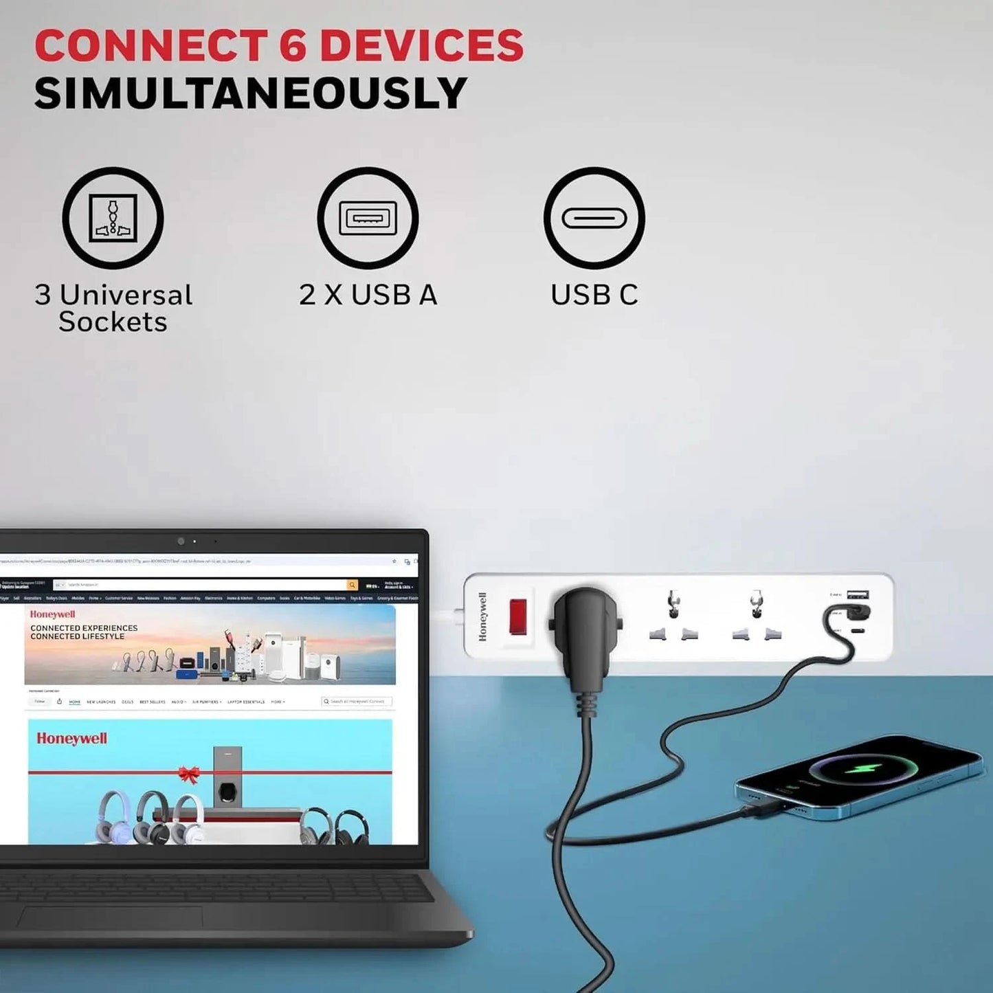 Honeywell 3 Outlet Extension Board with Master Switch, 6 Amps, 250V, 1xType C & 2xUSB, 3 International Sockets, Pure Copper, 6 Advanced Safety Features, 2 Mtr Power Cord, BIS Certified, 1 yr Warranty