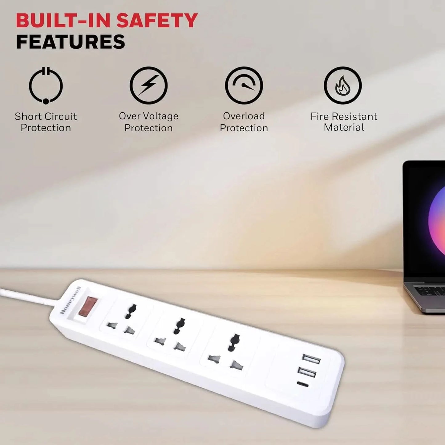 Honeywell 3 Outlet Extension Board with Master Switch, 6 Amps, 250V, 1xType C & 2xUSB, 3 International Sockets, Pure Copper, 6 Advanced Safety Features, 2 Mtr Power Cord, BIS Certified, 1 yr Warranty