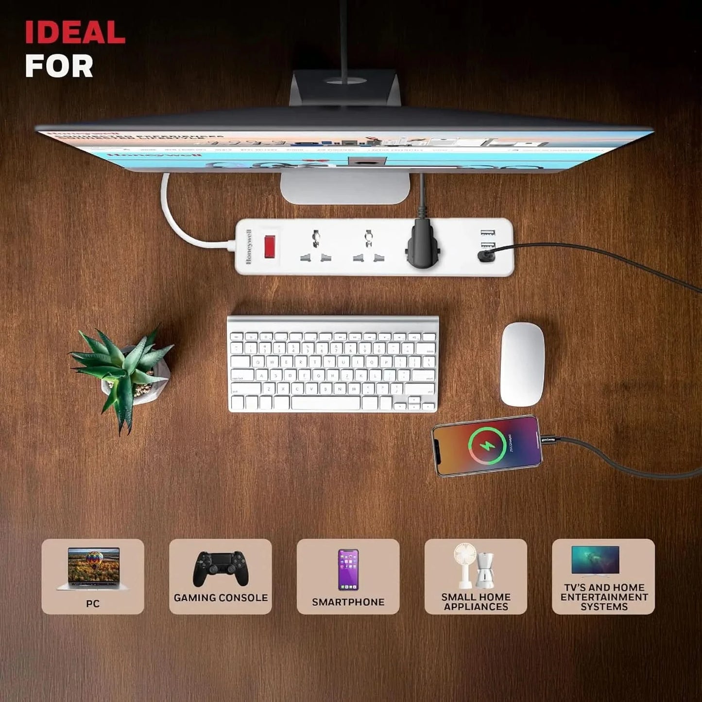 Honeywell 3 Outlet Extension Board with Master Switch, 6 Amps, 250V, 1xType C & 2xUSB, 3 International Sockets, Pure Copper, 6 Advanced Safety Features, 2 Mtr Power Cord, BIS Certified, 1 yr Warranty