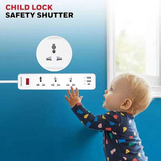 Honeywell 3 Outlet Extension Board with Master Switch, 6 Amps, 250V, 1xType C & 2xUSB, 3 International Sockets, Pure Copper, 6 Advanced Safety Features, 2 Mtr Power Cord, BIS Certified, 1 yr Warranty