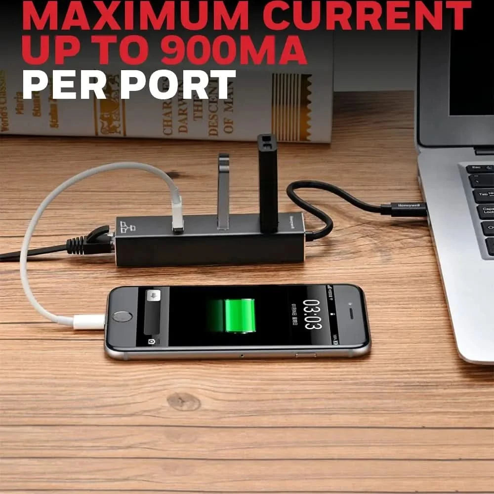 Honeywell 4-in-1 Type C 3.1 to USB 3.0 with RJ45 Gigabit Ethernet Adapter, 3x3.0 USB Ports Transfer Speed 5Gbps, 1Gbps Bandwidth, Universally Compatible with all Type C MacBooks, laptops, PCs, Tablets