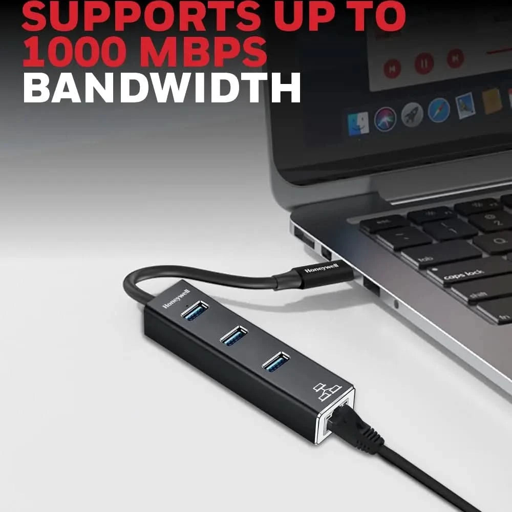Honeywell 4-in-1 Type C 3.1 to USB 3.0 with RJ45 Gigabit Ethernet Adapter, 3x3.0 USB Ports Transfer Speed 5Gbps, 1Gbps Bandwidth, Universally Compatible with all Type C MacBooks, laptops, PCs, Tablets