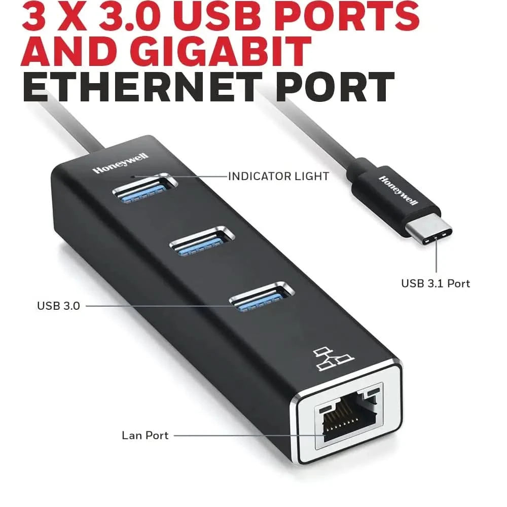 Honeywell 4-in-1 Type C 3.1 to USB 3.0 with RJ45 Gigabit Ethernet Adapter, 3x3.0 USB Ports Transfer Speed 5Gbps, 1Gbps Bandwidth, Universally Compatible with all Type C MacBooks, laptops, PCs, Tablets