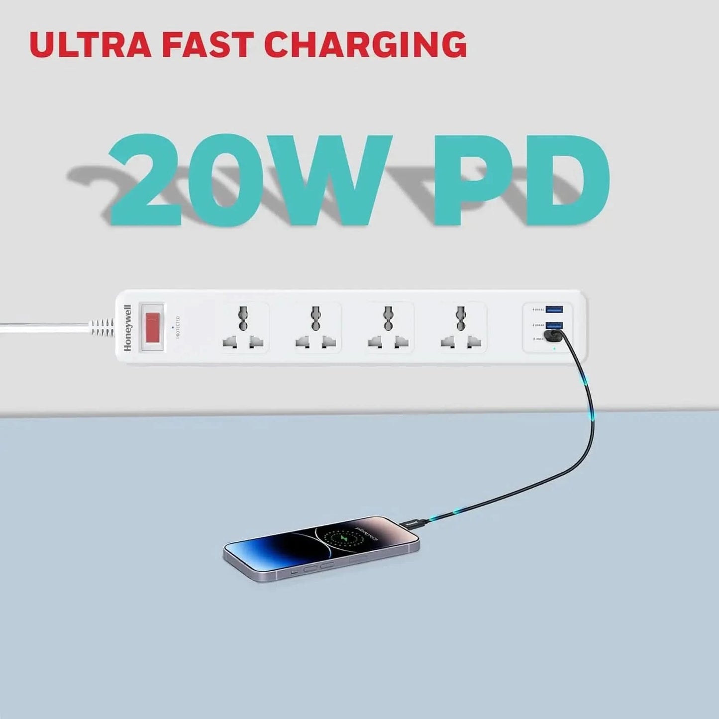 Honeywell 4 Out Surge Protector with Master Switch, Spike Guard/Extension Board, 4 Outlet, PD20W & 2xUSB, 13500Amp, 1.8 Meter Cord, DSW, Automatic Overload Protection, 3 Years Manufacturer Warranty