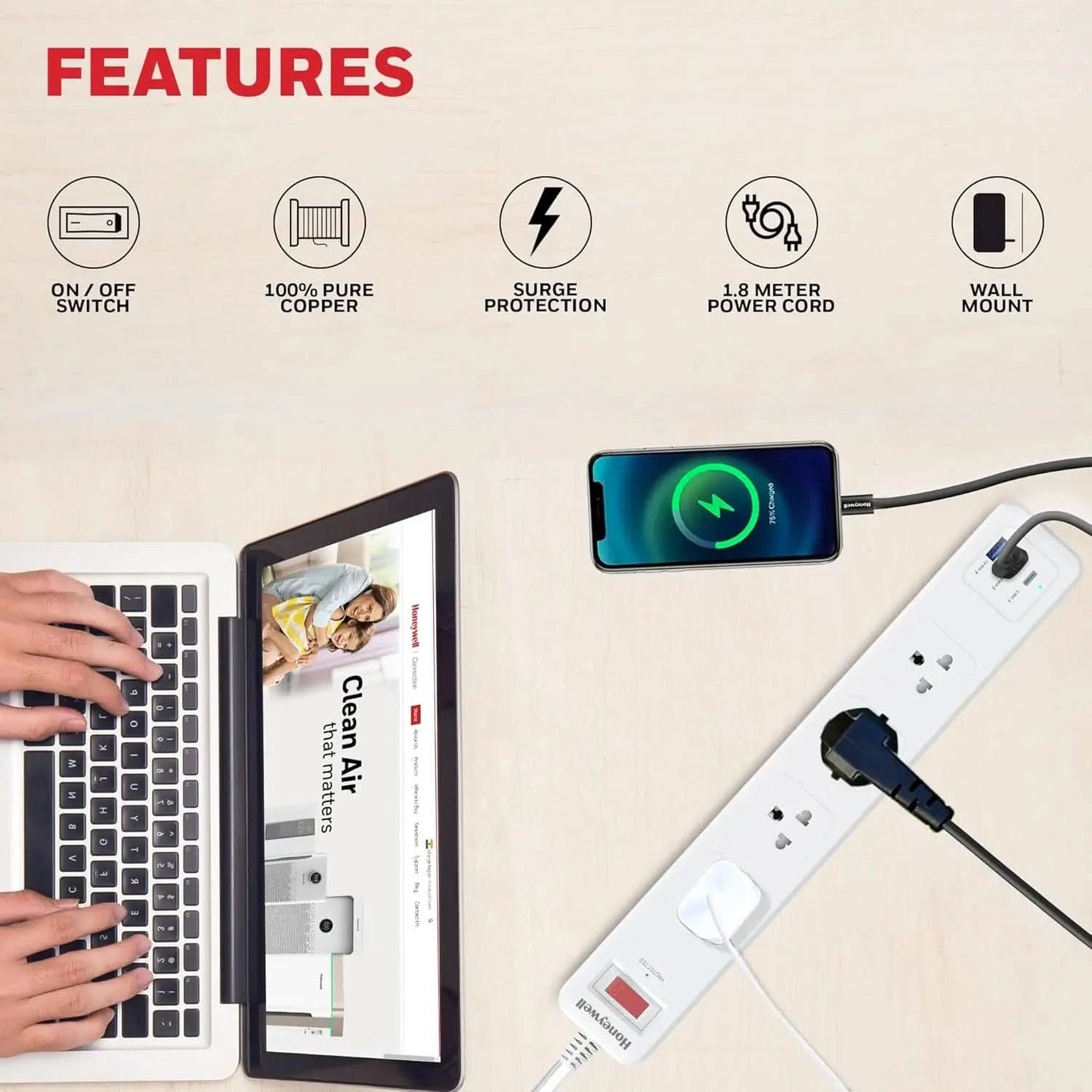 Honeywell 4 Out Surge Protector with Master Switch, Spike Guard/Extension Board, 4 Outlet, PD20W & 2xUSB, 13500Amp, 1.8 Meter Cord, DSW, Automatic Overload Protection, 3 Years Manufacturer Warranty