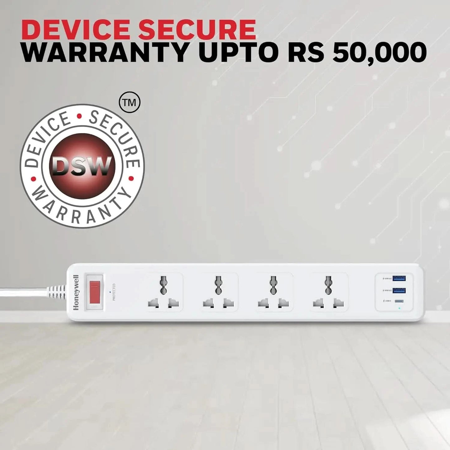 Honeywell 4 Out Surge Protector with Master Switch, Spike Guard/Extension Board, 4 Outlet, PD20W & 2xUSB, 13500Amp, 1.8 Meter Cord, DSW, Automatic Overload Protection, 3 Years Manufacturer Warranty