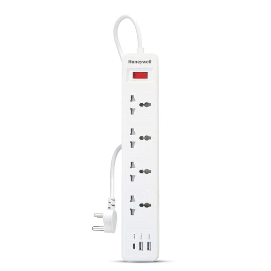 Honeywell 4 Outlet Extension Board with Master Switch, 6 Amps, 250V, 1xType C & 2xUSB, 4 International Sockets, Pure Copper, 6 Advanced Safety Features, 2 Mtr Power Cord, BIS Certified, 1 yr Warranty