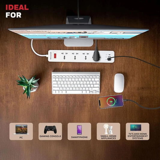 Honeywell 4 Outlet Extension Board with Master Switch, 6 Amps, 250V, 1xType C & 2xUSB, 4 International Sockets, Pure Copper, 6 Advanced Safety Features, 2 Mtr Power Cord, BIS Certified, 1 yr Warranty