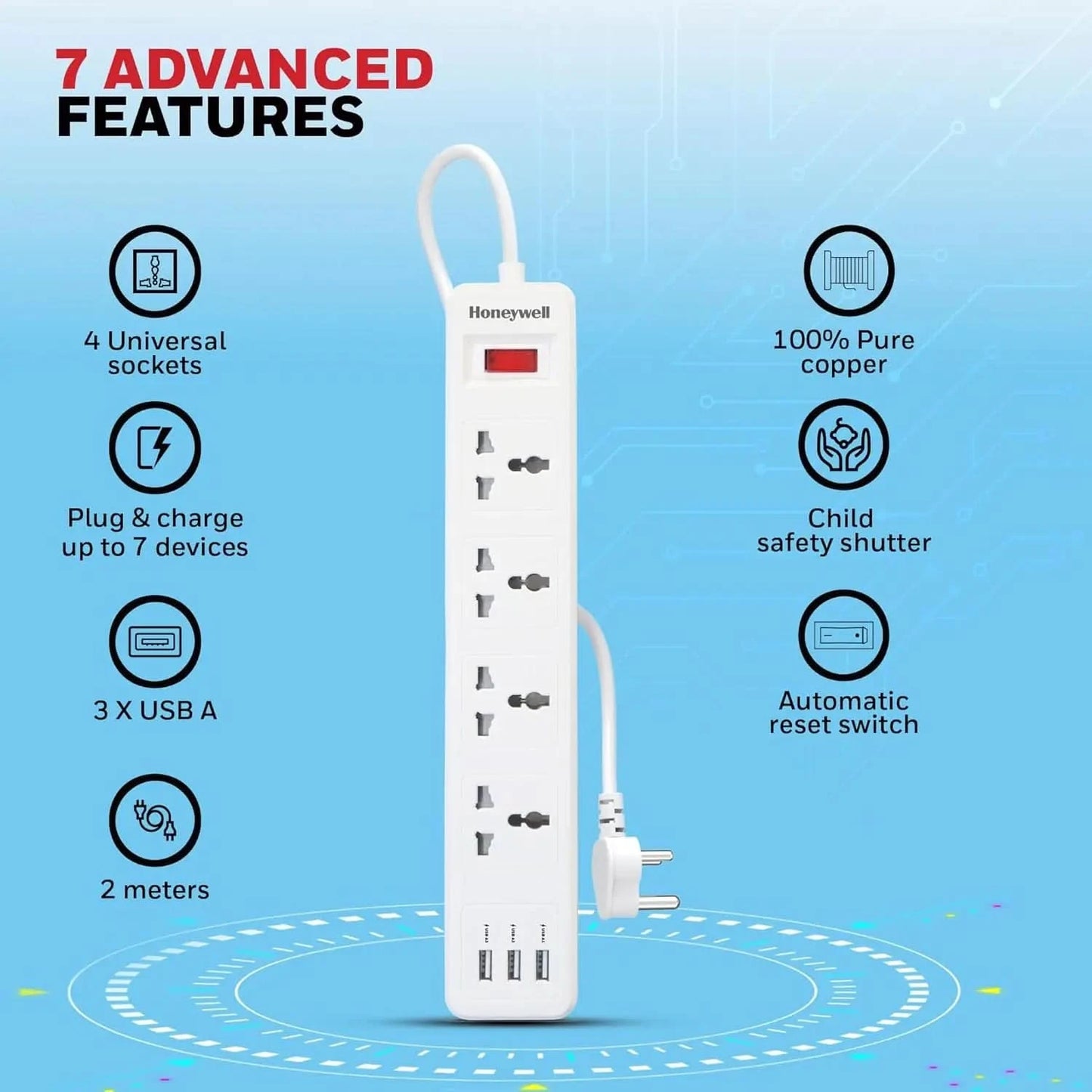Honeywell 4 Outlet Extension Board with Master Switch, 6 Amps, 250V, 3xUSB, 4 International Sockets, Pure Copper, 6 Advanced Safety Features, 2 Mtr Power Cord, BIS Certified, 1 yr Warranty