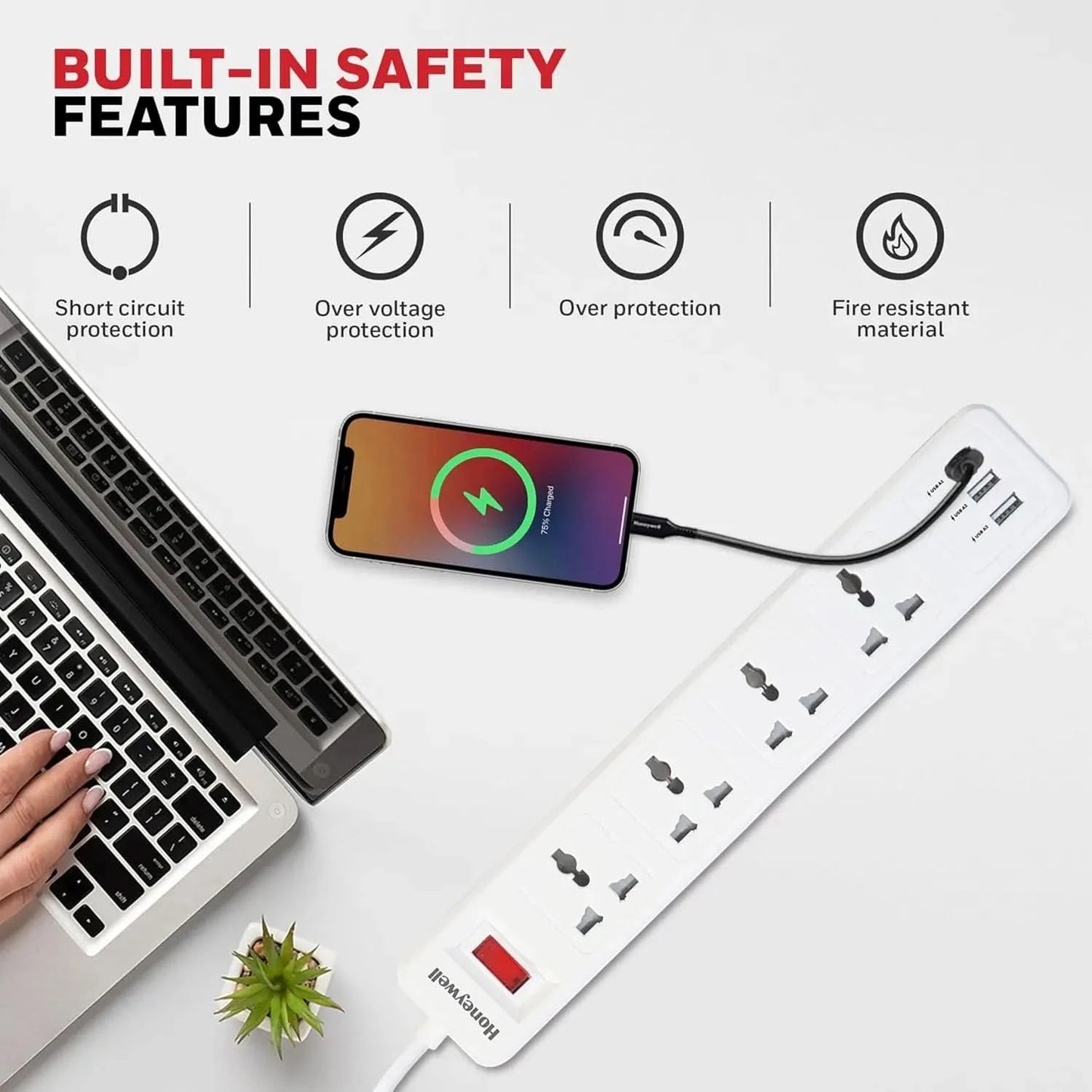 Honeywell 4 Outlet Extension Board with Master Switch, 6 Amps, 250V, 3xUSB, 4 International Sockets, Pure Copper, 6 Advanced Safety Features, 2 Mtr Power Cord, BIS Certified, 1 yr Warranty