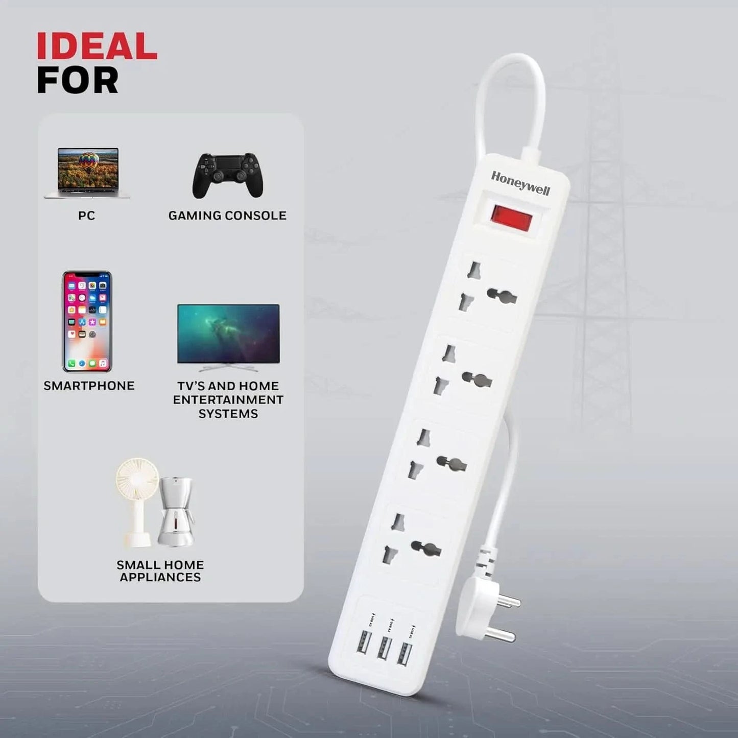 Honeywell 4 Outlet Extension Board with Master Switch, 6 Amps, 250V, 3xUSB, 4 International Sockets, Pure Copper, 6 Advanced Safety Features, 2 Mtr Power Cord, BIS Certified, 1 yr Warranty