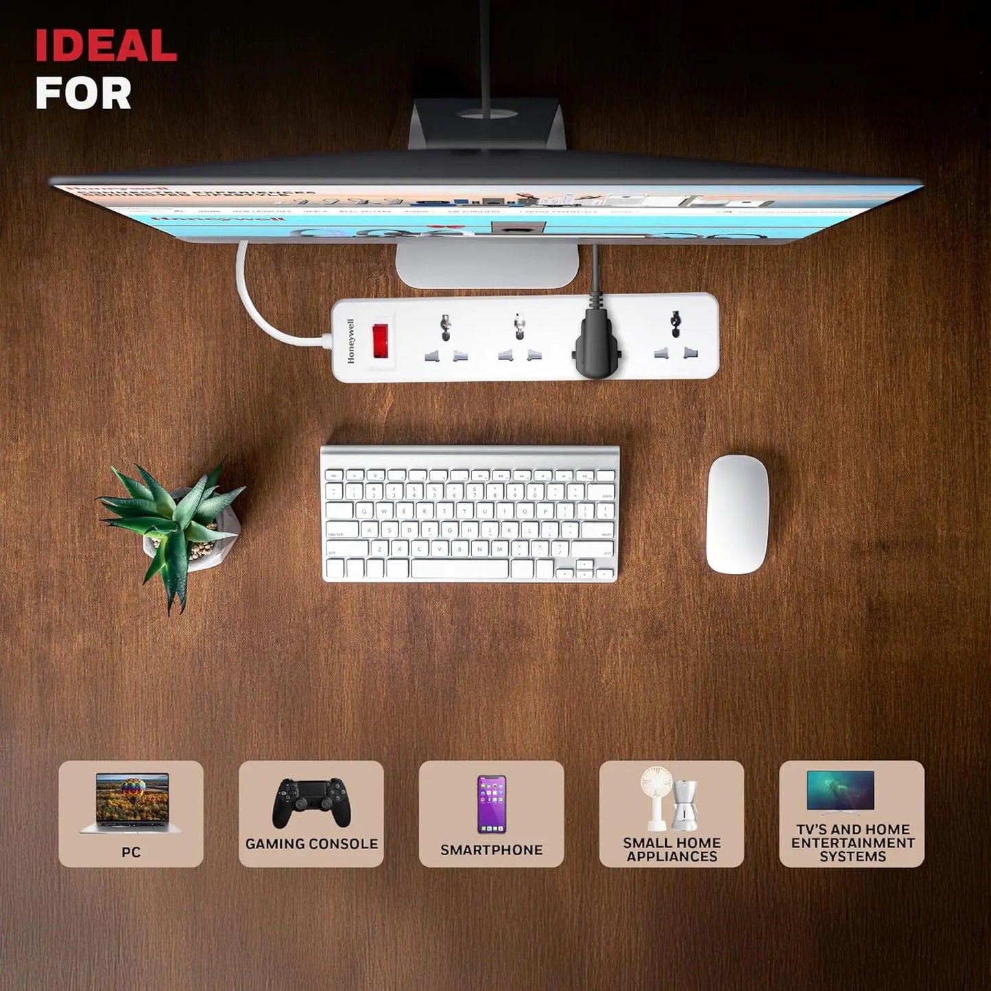 Honeywell 4 Outlet Extension Board with Master Switch, 6 Amps, 250V, 4 International Sockets, Pure Copper, 6 Advanced Safety Features, 2 Meter Power Cord, BIS Certified, 1 Year Warranty