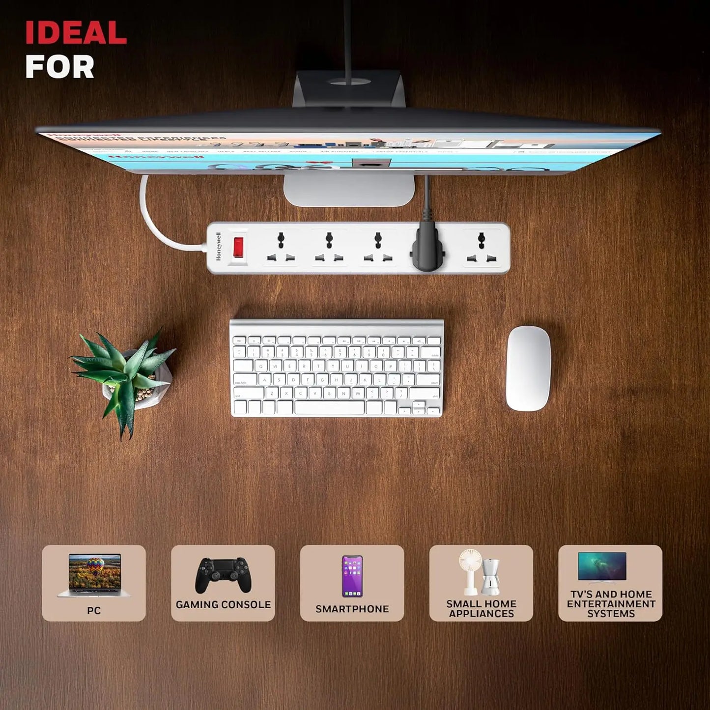 Honeywell 5 Outlet Extension Board with Master Switch, 6 Amps, 250V, 5 International Sockets, Pure Copper, 6 Advanced Safety Features, 2 Meter Power Cord, BIS Certified, 1 Year Warranty