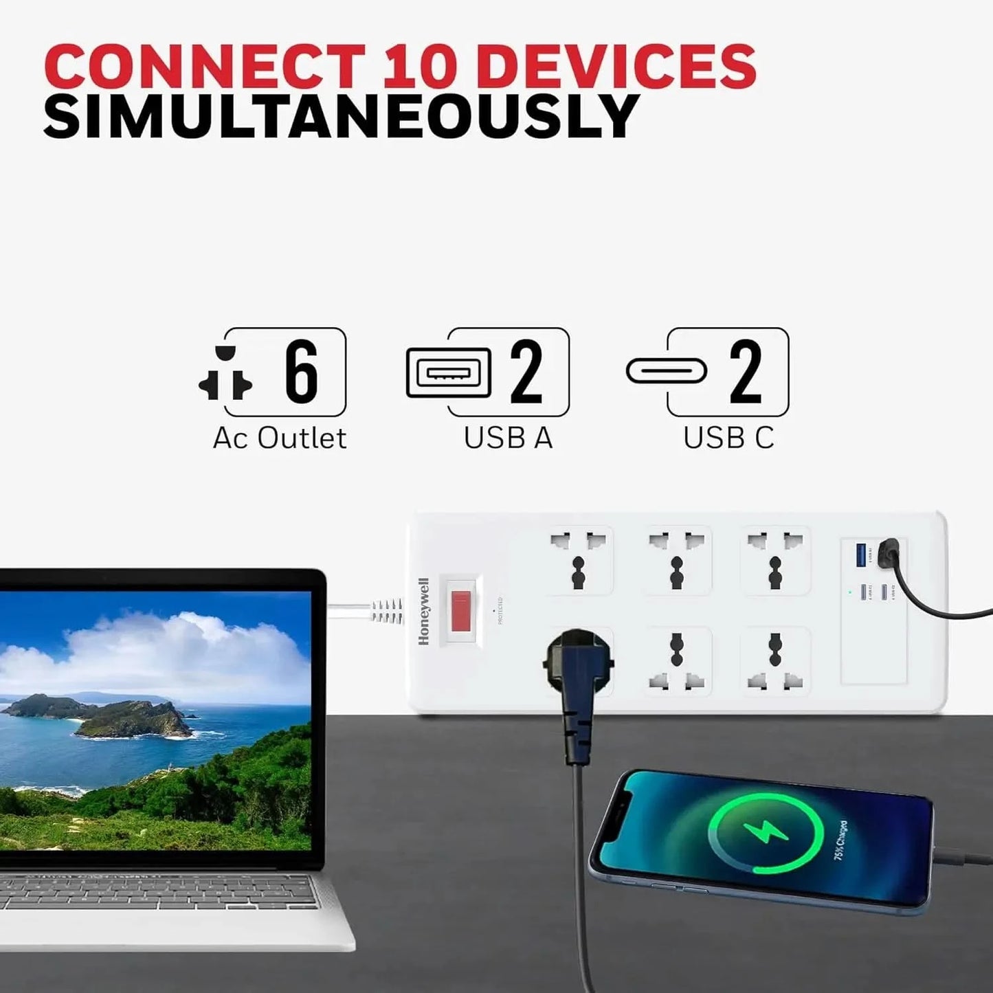 Honeywell 6 Out Surge Protector with Master Switch, Spike Guard/Extension Board, 6 Outlet, 2xPD20W & 2xUSB, 36000Amp, 1.8 Meter Cord, DSW, Automatic Overload Protection, 3 Years Manufacturer Warranty