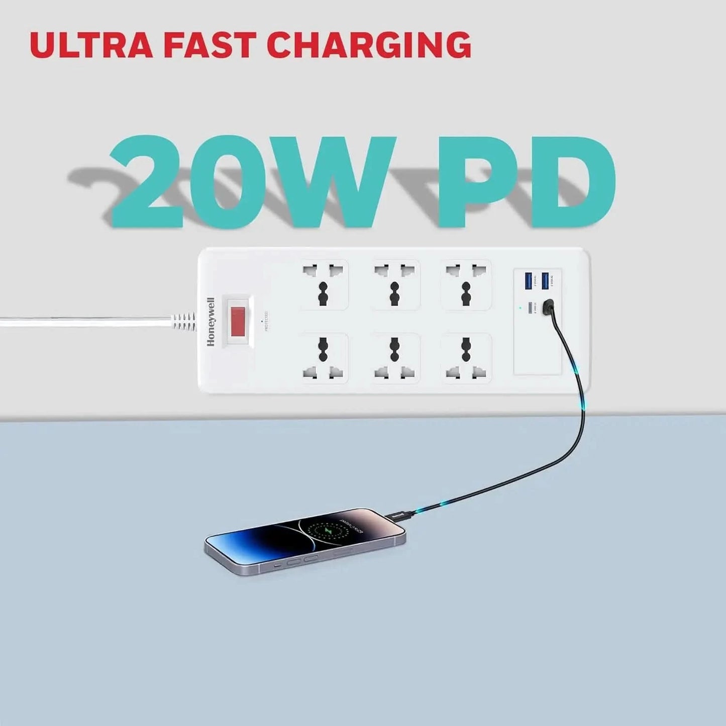 Honeywell 6 Out Surge Protector with Master Switch, Spike Guard/Extension Board, 6 Outlet, 2xPD20W & 2xUSB, 36000Amp, 1.8 Meter Cord, DSW, Automatic Overload Protection, 3 Years Manufacturer Warranty