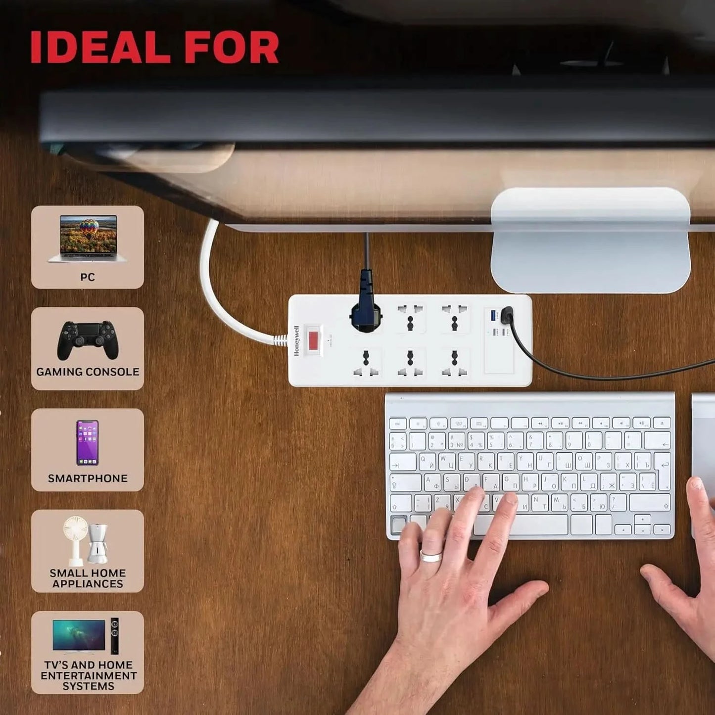 Honeywell 6 Out Surge Protector with Master Switch, Spike Guard/Extension Board, 6 Outlet, 2xPD20W & 2xUSB, 36000Amp, 1.8 Meter Cord, DSW, Automatic Overload Protection, 3 Years Manufacturer Warranty