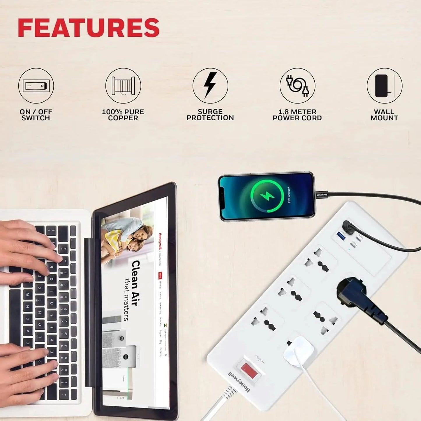 Honeywell 6 Out Surge Protector with Master Switch, Spike Guard/Extension Board, 6 Outlet, 2xPD20W & 2xUSB, 36000Amp, 1.8 Meter Cord, DSW, Automatic Overload Protection, 3 Years Manufacturer Warranty