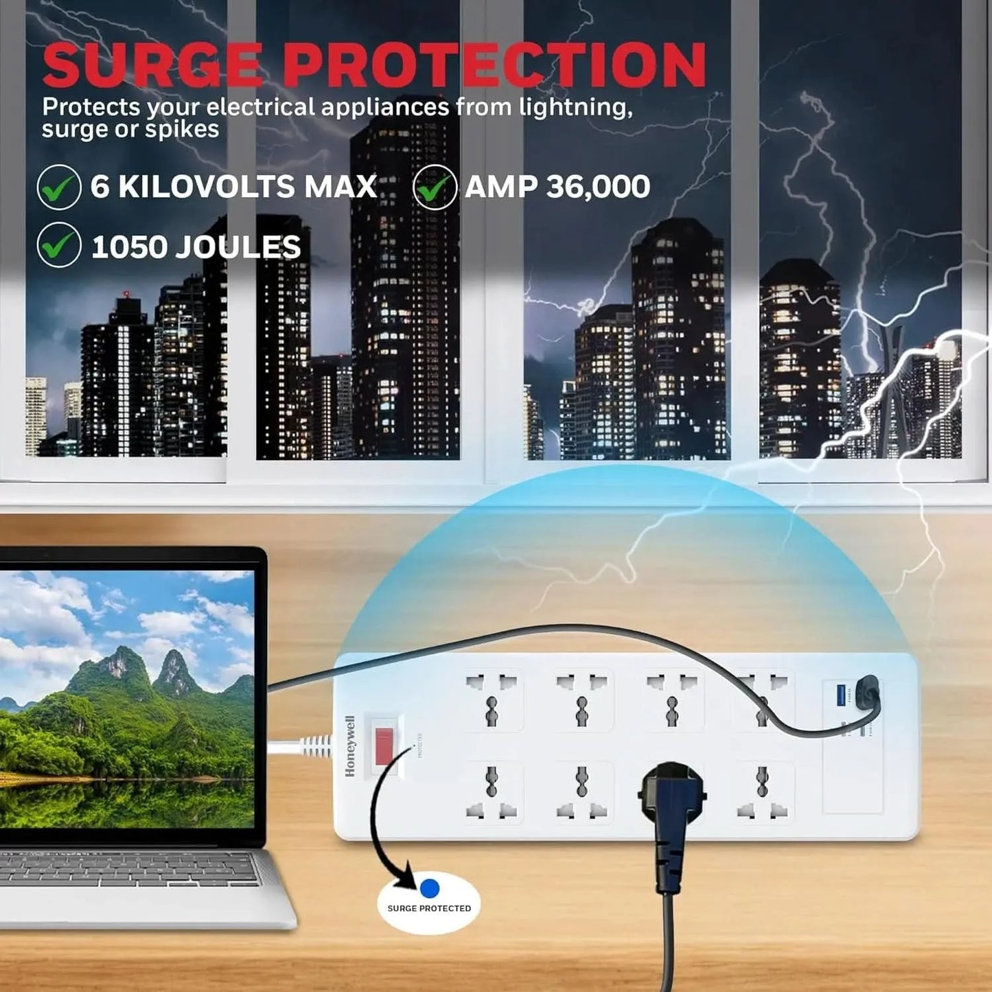 Honeywell 8 Out Surge Protector with Master Switch, Spike Guard/Extension Board, 8 Outlet, 2xPD20W & 2xUSB, 36000Amp, 1.8 Meter Cord, DSW, Automatic Overload Protection, 3 Years Manufacturer Warranty