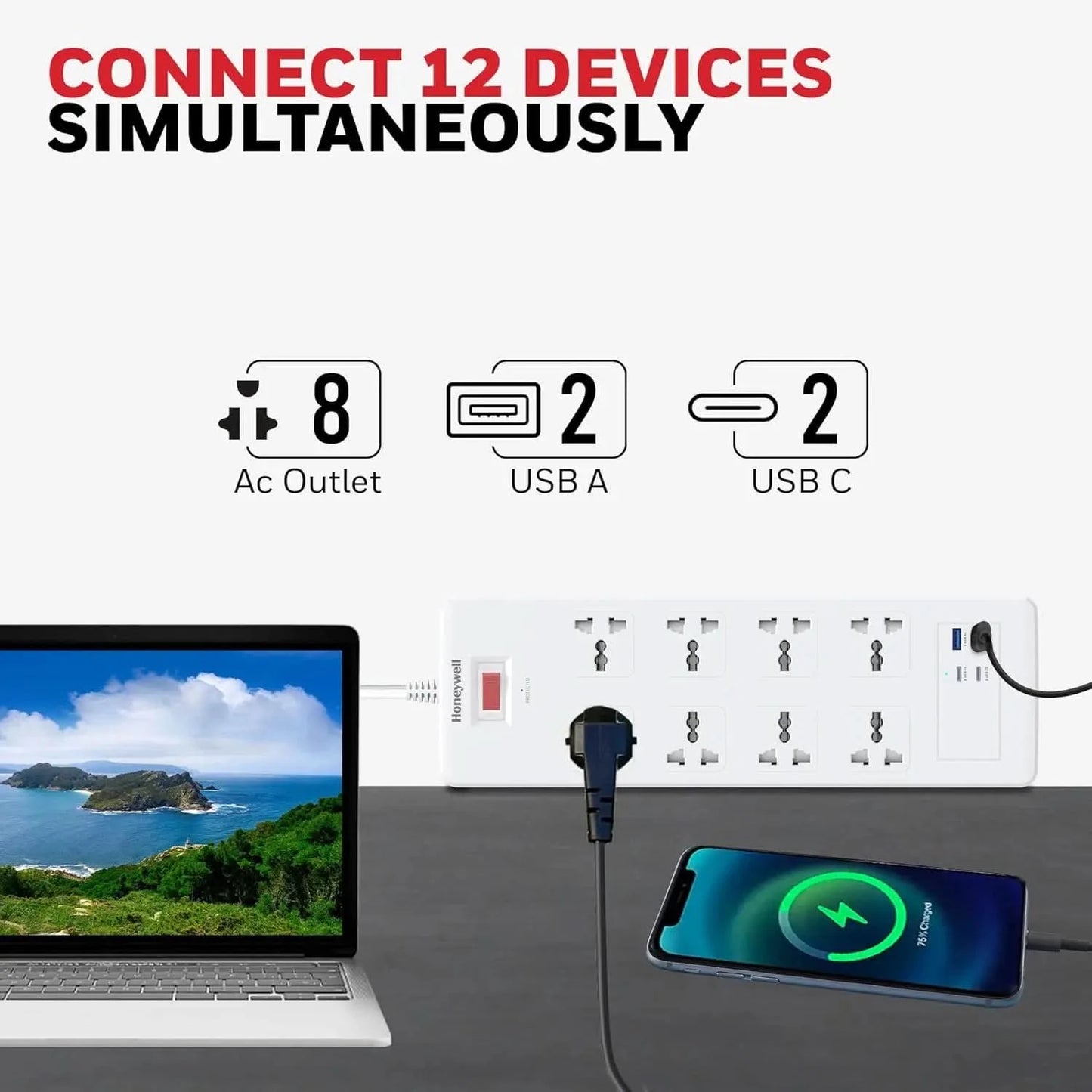 Honeywell 8 Out Surge Protector with Master Switch, Spike Guard/Extension Board, 8 Outlet, 2xPD20W & 2xUSB, 36000Amp, 1.8 Meter Cord, DSW, Automatic Overload Protection, 3 Years Manufacturer Warranty