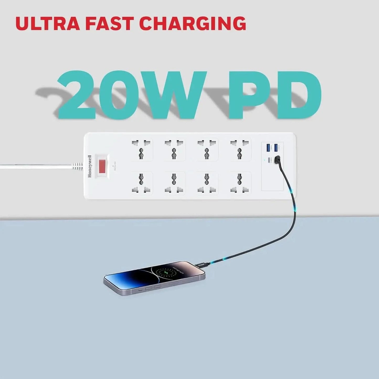 Honeywell 8 Out Surge Protector with Master Switch, Spike Guard/Extension Board, 8 Outlet, 2xPD20W & 2xUSB, 36000Amp, 1.8 Meter Cord, DSW, Automatic Overload Protection, 3 Years Manufacturer Warranty