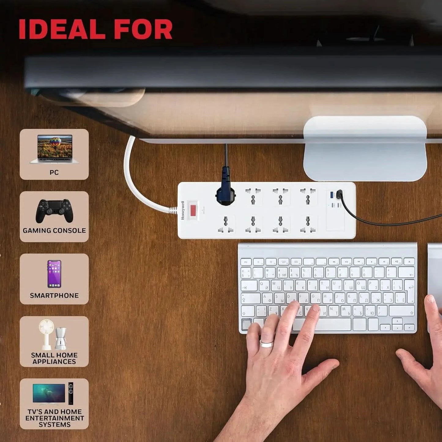 Honeywell 8 Out Surge Protector with Master Switch, Spike Guard/Extension Board, 8 Outlet, 2xPD20W & 2xUSB, 36000Amp, 1.8 Meter Cord, DSW, Automatic Overload Protection, 3 Years Manufacturer Warranty