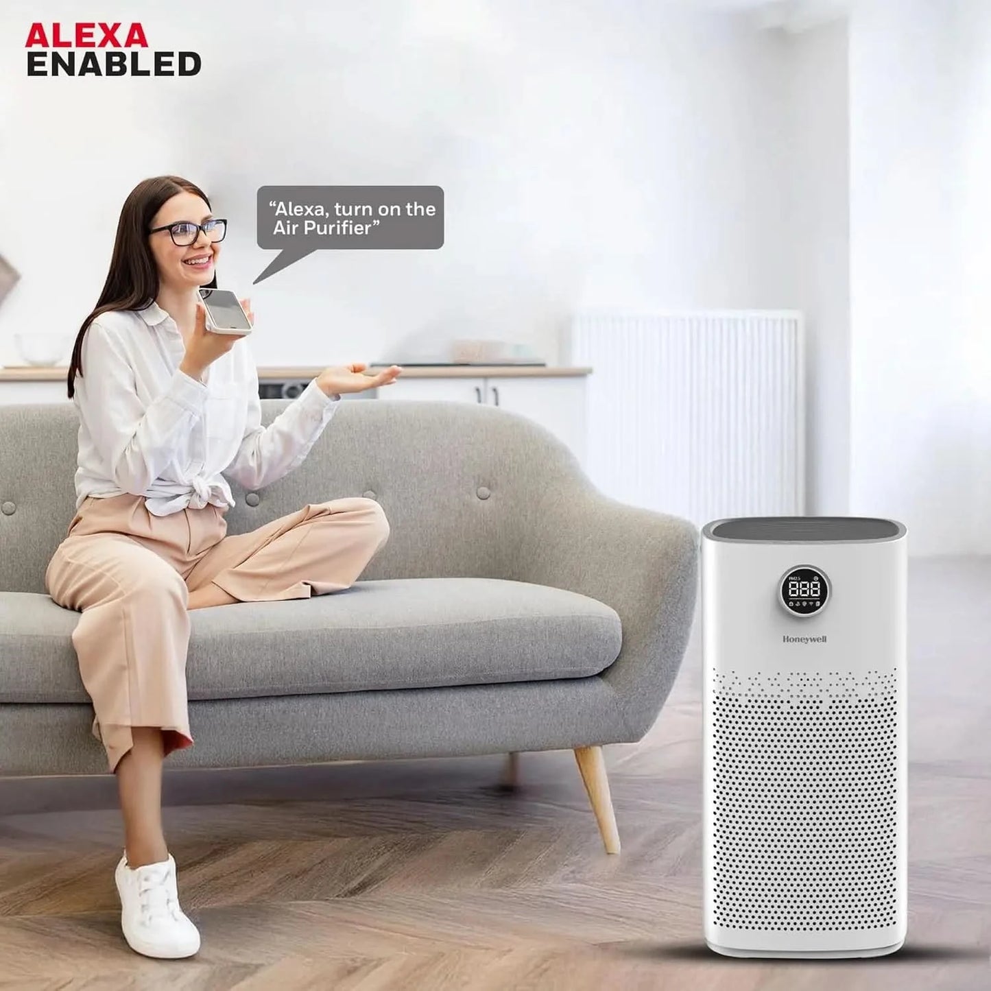 Honeywell Air Purifier For Home, 4 Stage Filtration,Covers 853sq.ft,PM 2.5 Level Display,with WIFI & ALEXA,H13 HEPA & Activated Carbon Filter,Removes 99.99% Pollutants,Micro Allergens-Air Touch P2