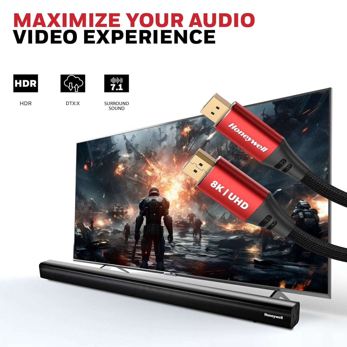 Honeywell Display Port To Display Port 2.0 Cable, 8K@60Hz UHD Resolution, 2 Mtr, 40 GBPS Transmission Speed, Male to Male, Compatible with TV, Laptop, Projector, Monitor etc