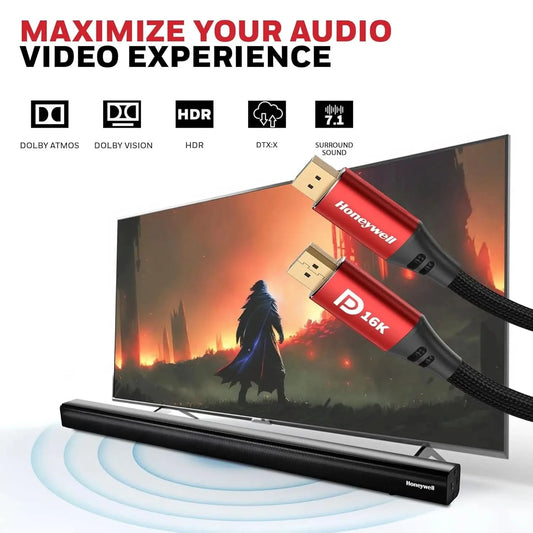 Honeywell Display Port To Display Port 2.1 Cable, 16K@60Hz UHD Resolution, 2 meter, 40 GBPS Transmission Speed, Male to Male, Compatible with TV, Laptop, Projector, Monitor, etc