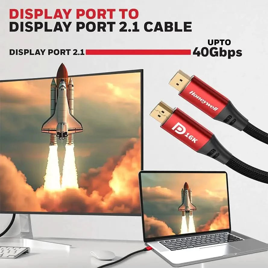 Honeywell Display Port To Display Port 2.1 Cable, 16K@60Hz UHD Resolution, 2 meter, 40 GBPS Transmission Speed, Male to Male, Compatible with TV, Laptop, Projector, Monitor, etc