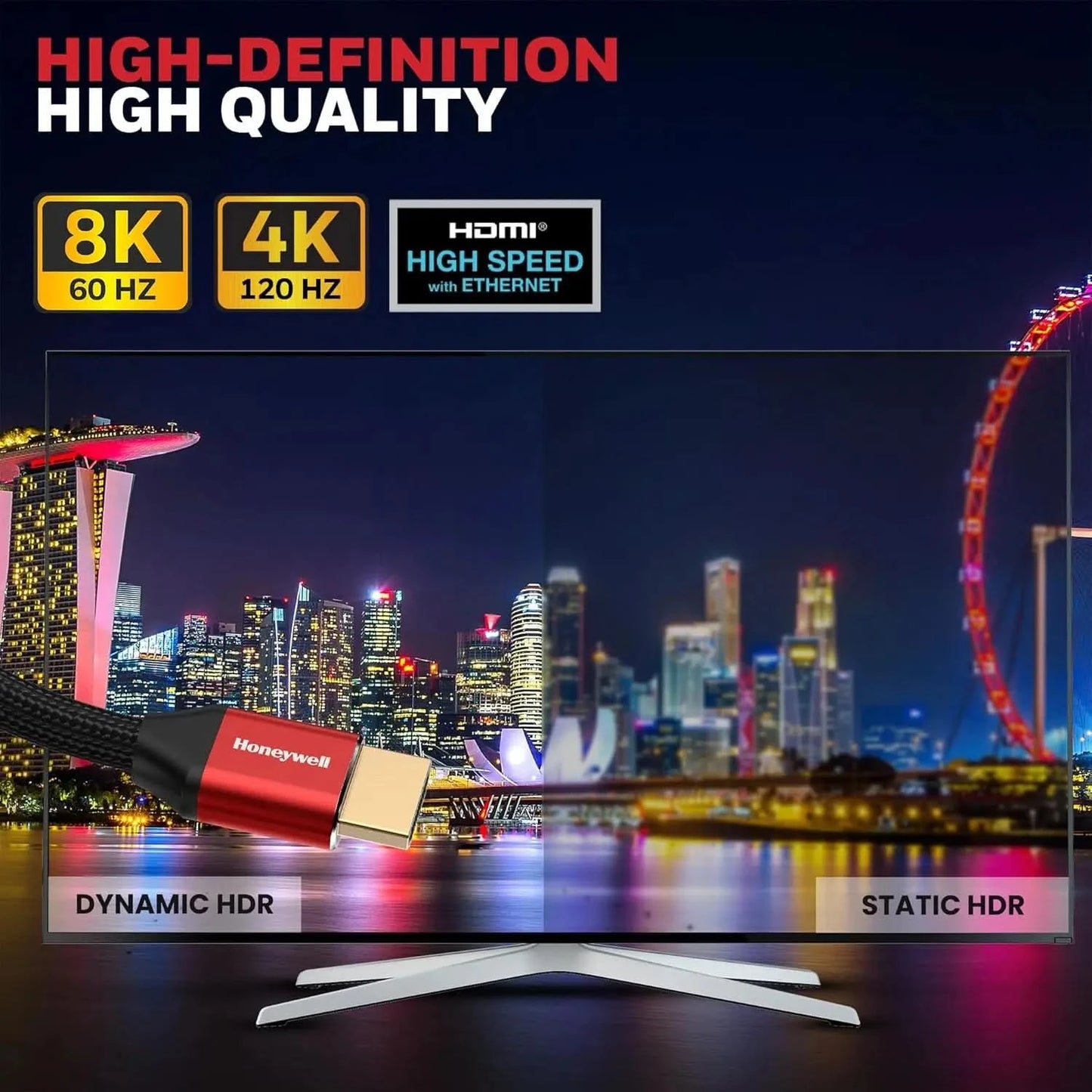 Honeywell HDMI Cable 2.1 with Ethernet, 8k@60Hz, 4k@120Hz UHD Resolution, 5 Mtr(16.4ft), 48 GBPS Transmission Ultra High Speed, Dolby DTS, eARC,3D,Male-to-Male,Compatible with all HDMI-Enabled Devices