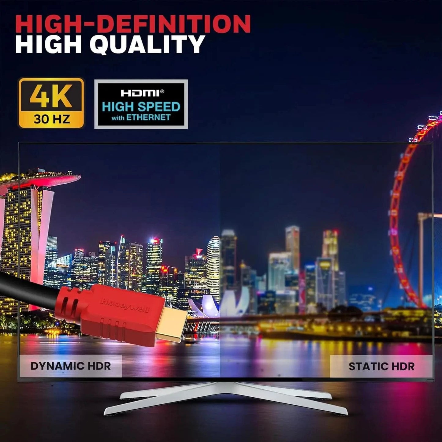 Honeywell HDMI Cable v1.4 with Ethernet, 3D/4Kx2K Ultra HD Resolution, 9.9ft/3 Meter, 10.2 GBPS Transmission Speed, Compatible with All HDMI Devices Laptop Desktop TV Set-top Box Gaming Console-Black