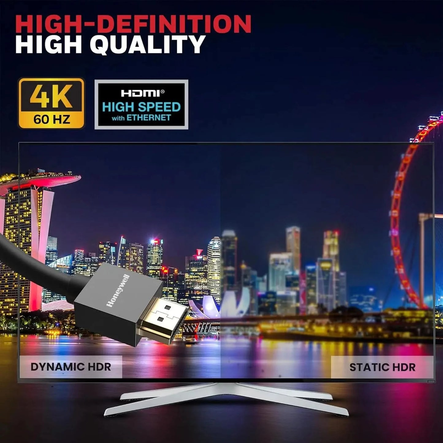 Honeywell HDMI Cable v2.0 with Ethernet, 3D/4K@60Hz Ultra HD Resolution, 2 Mtr, 18 GBPS Transmission Speed, High-Speed, Compatible with all HDMI Devices Laptop Desktop TV Set-top Box Gaming Console