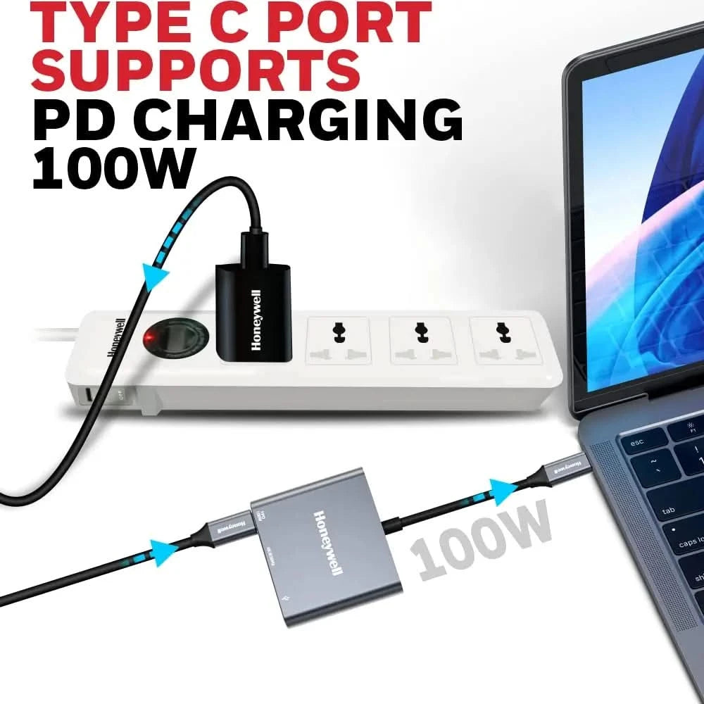 Honeywell High-Speed 3-in-1 Type C to HDMI Adapter, PD Charging Upto100W, USB3.0 Delivers Quick Transfer Speed of 5GBPS, UHD 4K@30Hz, Universally Compatible with All Type C Devices, Aluminium Case