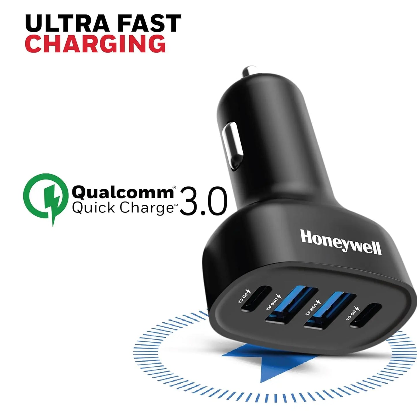 Honeywell Micro CLA 100W PD Smart Car Charger, Adapter for iPhone and Android, 2xType C & 2xUSB A Port, Ultra-Fast Charging, Compatible with All Smartphones & Tablets.